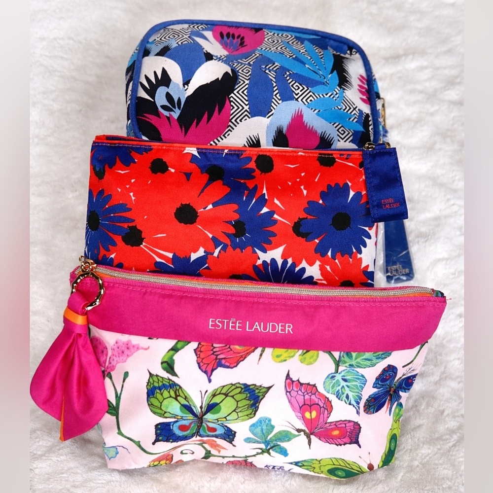 Estée Lauder Cosmetic Bag Bundle Set of 3 Floral Travel Makeup Pouches Butterfly